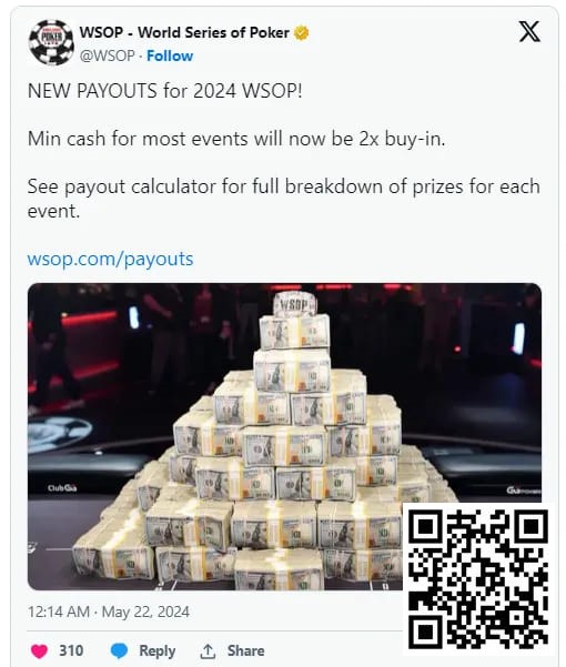 【WPT扑克】2024年WSOP奖金结构升级，蕞低可拿到两倍门票钱