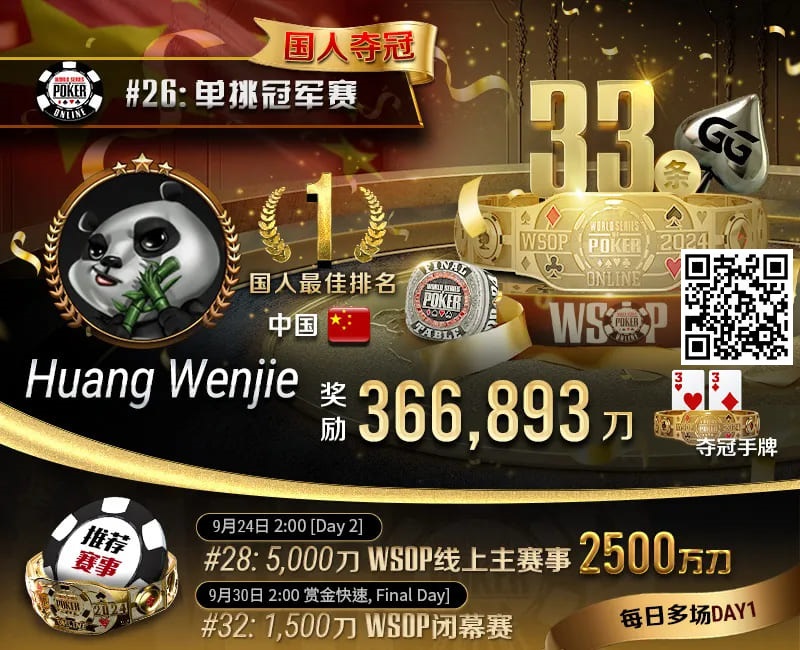 【WPT扑克】WSOP国人首冠出炉！黄文杰力压茅人及 勇夺#26单挑赛冠军，前主赛冠军也成手下败将！